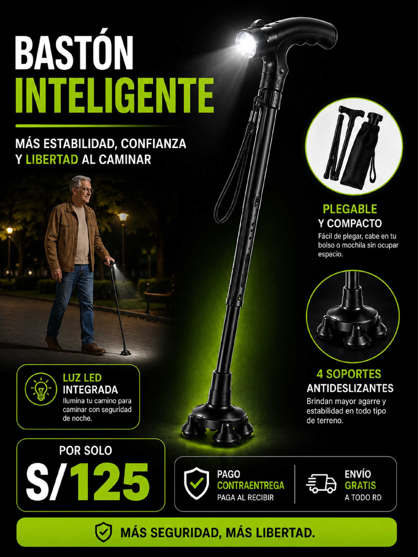 🦯 Bastón Inteligente Plegable con Luz LED Integrada (Altura Ajustable)