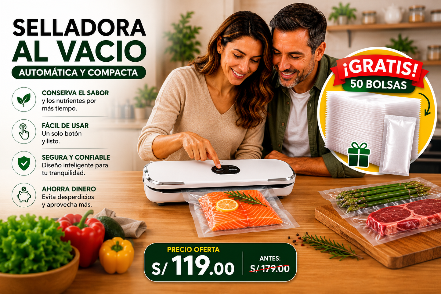 SELLADORA AL VACIO + 50 BOLSAS DE REGALO
